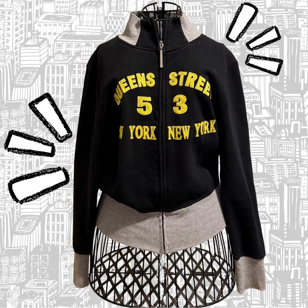 Black and Gray Zip-Up Jacket with Yellow Lettering